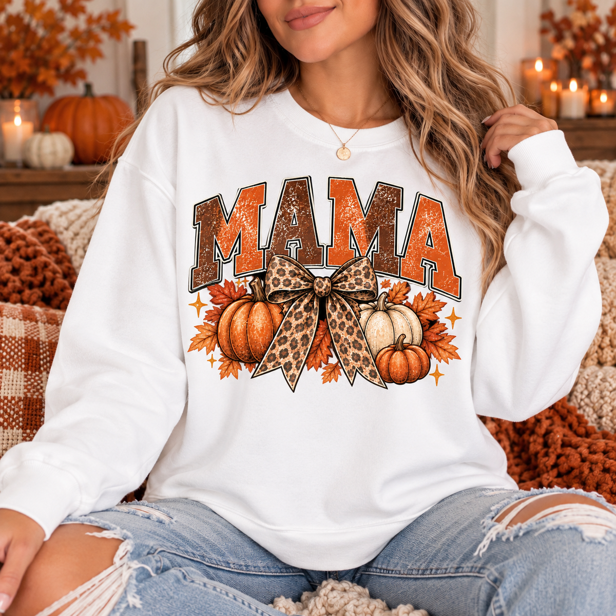 Vintage Fall Mama Sweatshirt | Pumpkin & Leopard Bow Crewneck
