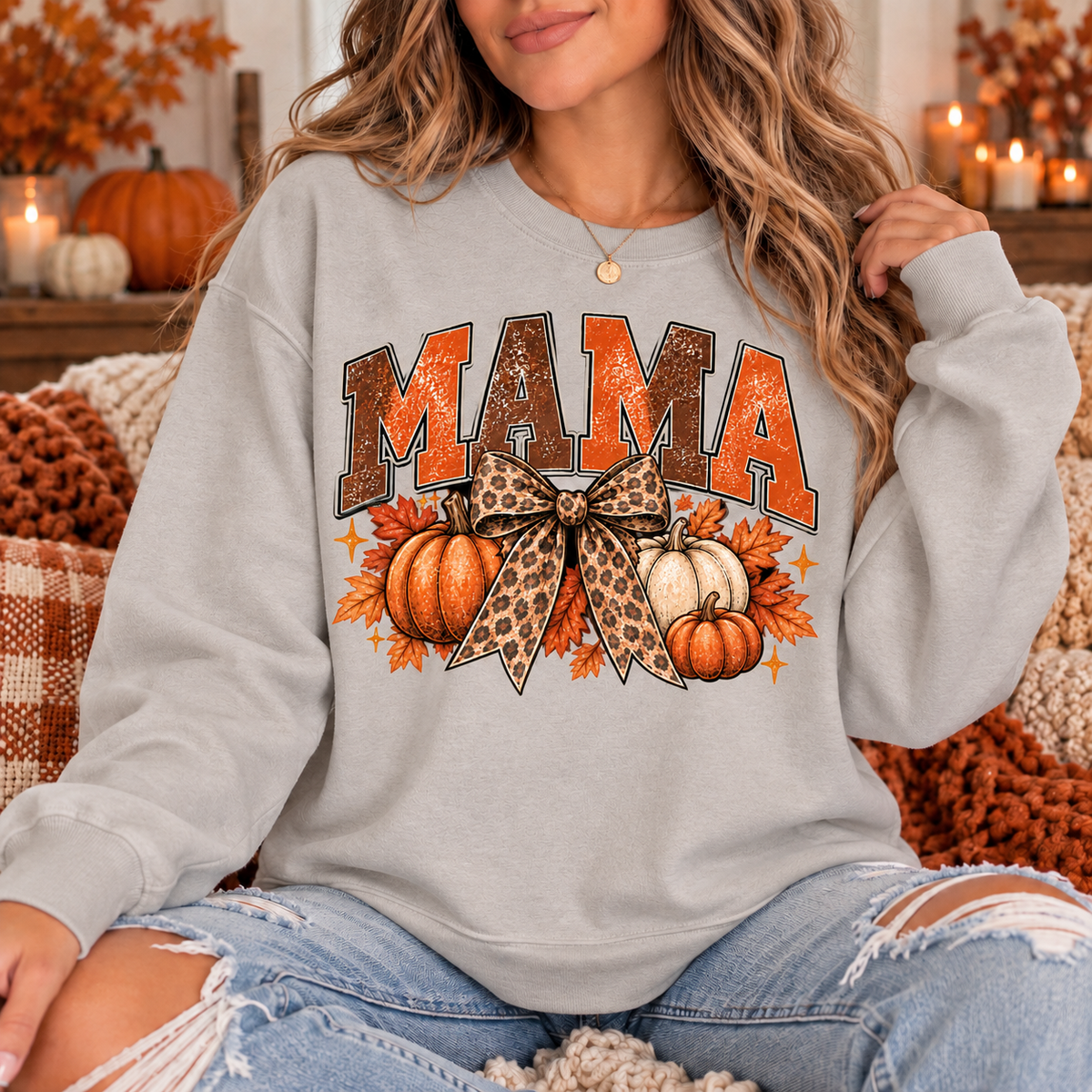 Vintage Fall Mama Sweatshirt | Pumpkin & Leopard Bow Crewneck