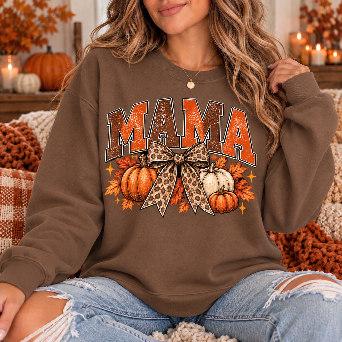 Vintage Fall Mama Sweatshirt | Pumpkin & Leopard Bow Crewneck
