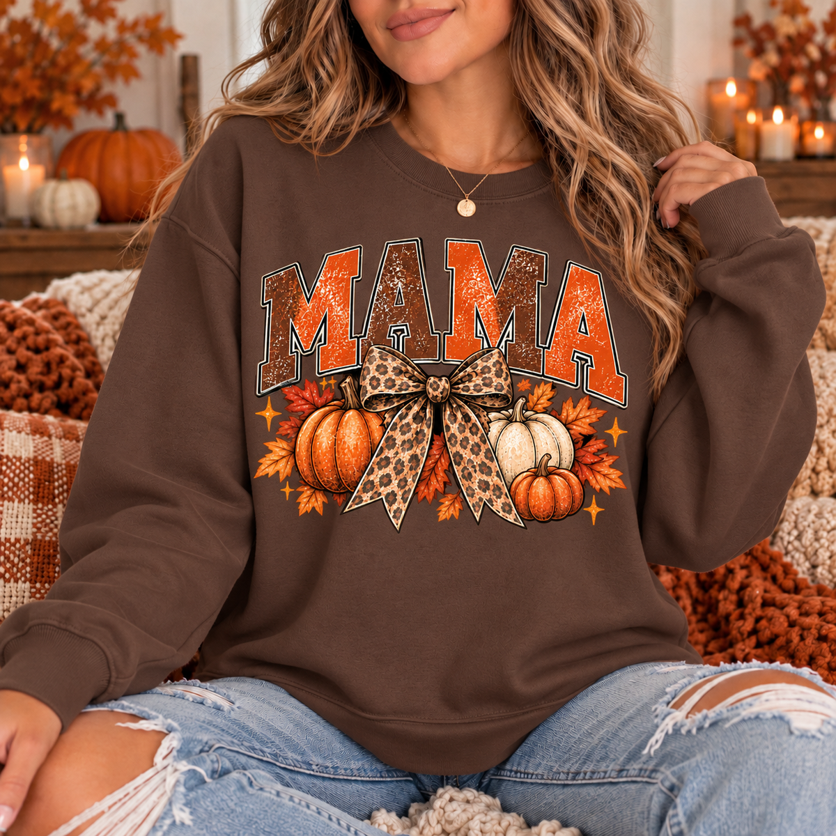 Vintage Fall Mama Sweatshirt | Pumpkin & Leopard Bow Crewneck