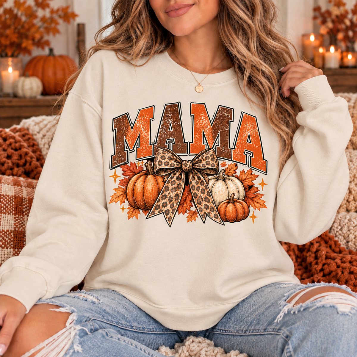 Vintage Fall Mama Sweatshirt | Pumpkin & Leopard Bow Crewneck