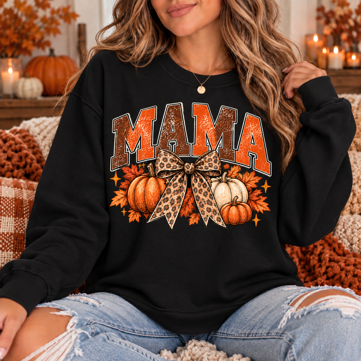 Vintage Fall Mama Sweatshirt | Pumpkin & Leopard Bow Crewneck