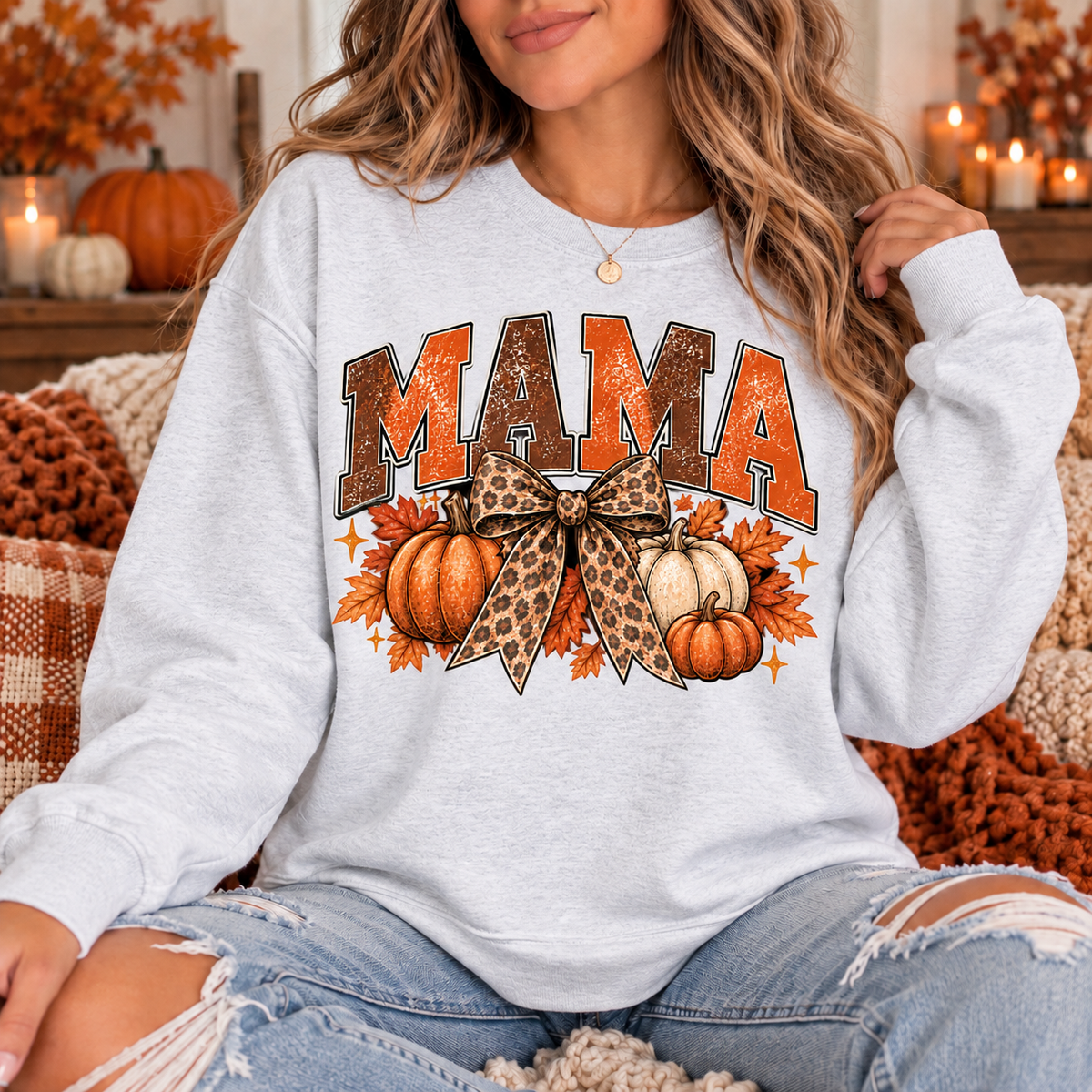 Vintage Fall Mama Sweatshirt | Pumpkin & Leopard Bow Crewneck