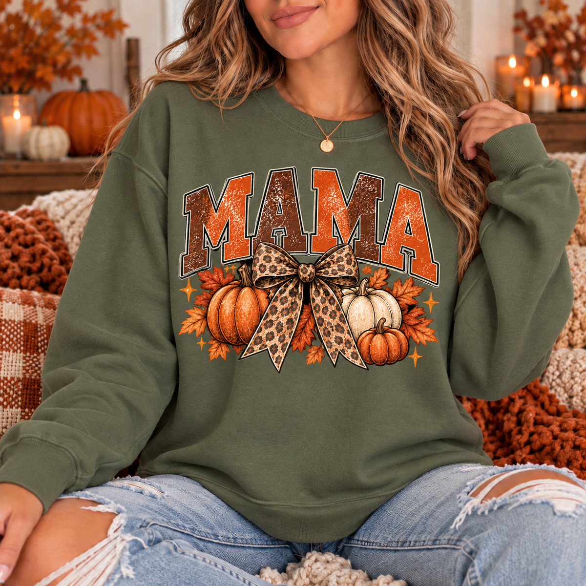 Vintage Fall Mama Sweatshirt | Pumpkin & Leopard Bow Crewneck