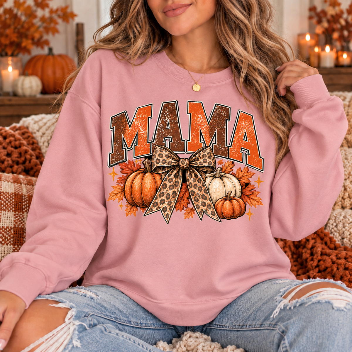 Vintage Fall Mama Sweatshirt | Pumpkin & Leopard Bow Crewneck