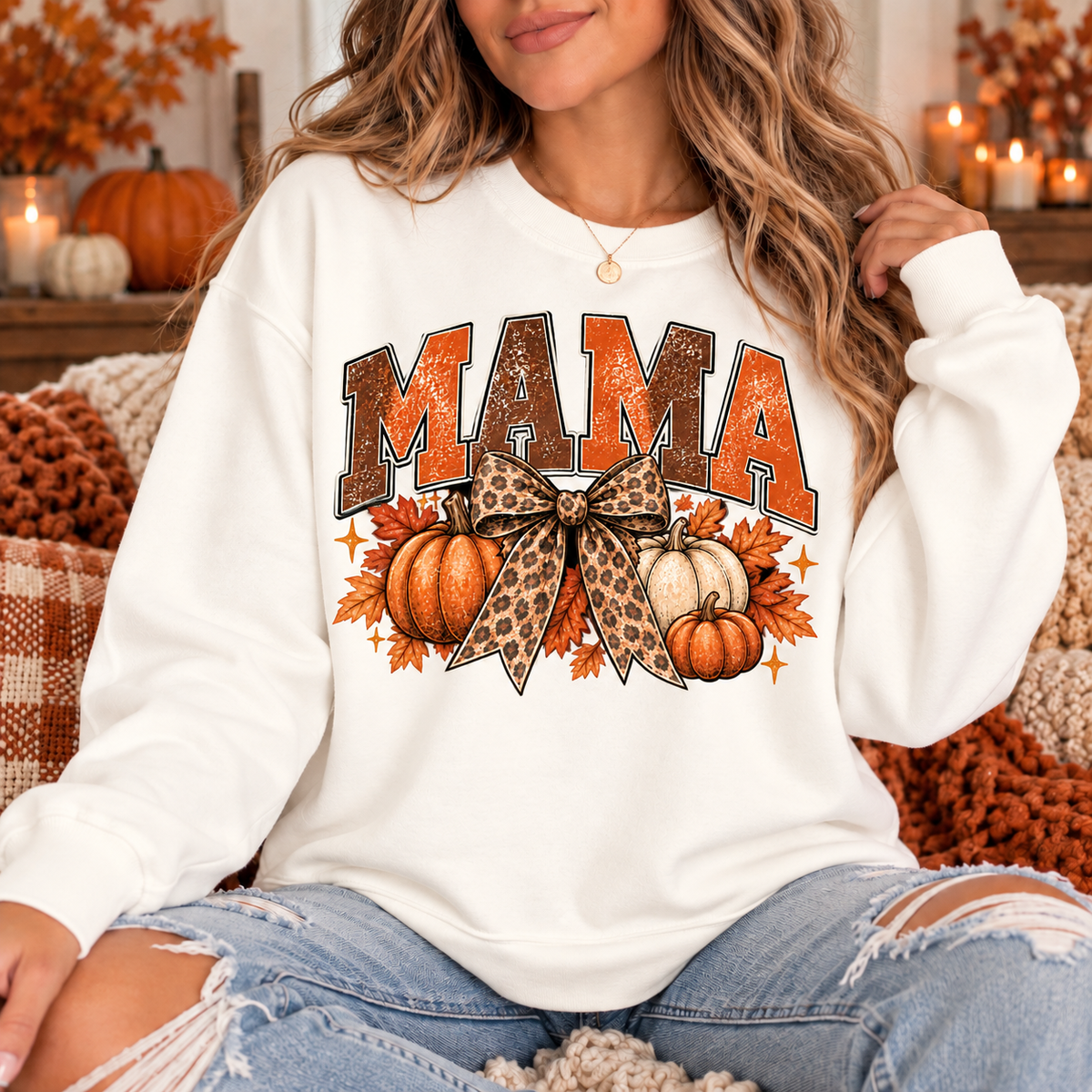 Vintage Fall Mama Sweatshirt | Pumpkin & Leopard Bow Crewneck