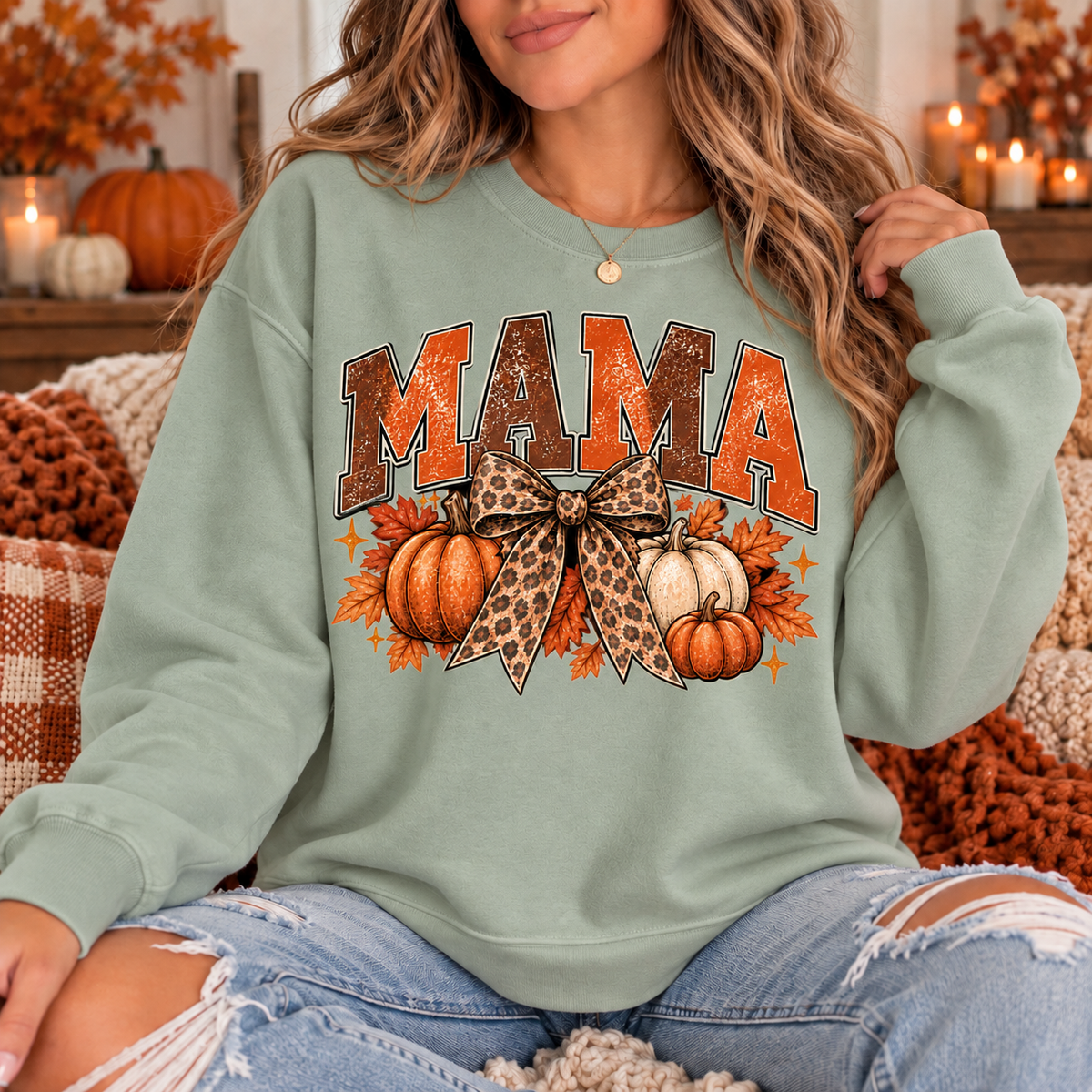 Vintage Fall Mama Sweatshirt | Pumpkin & Leopard Bow Crewneck